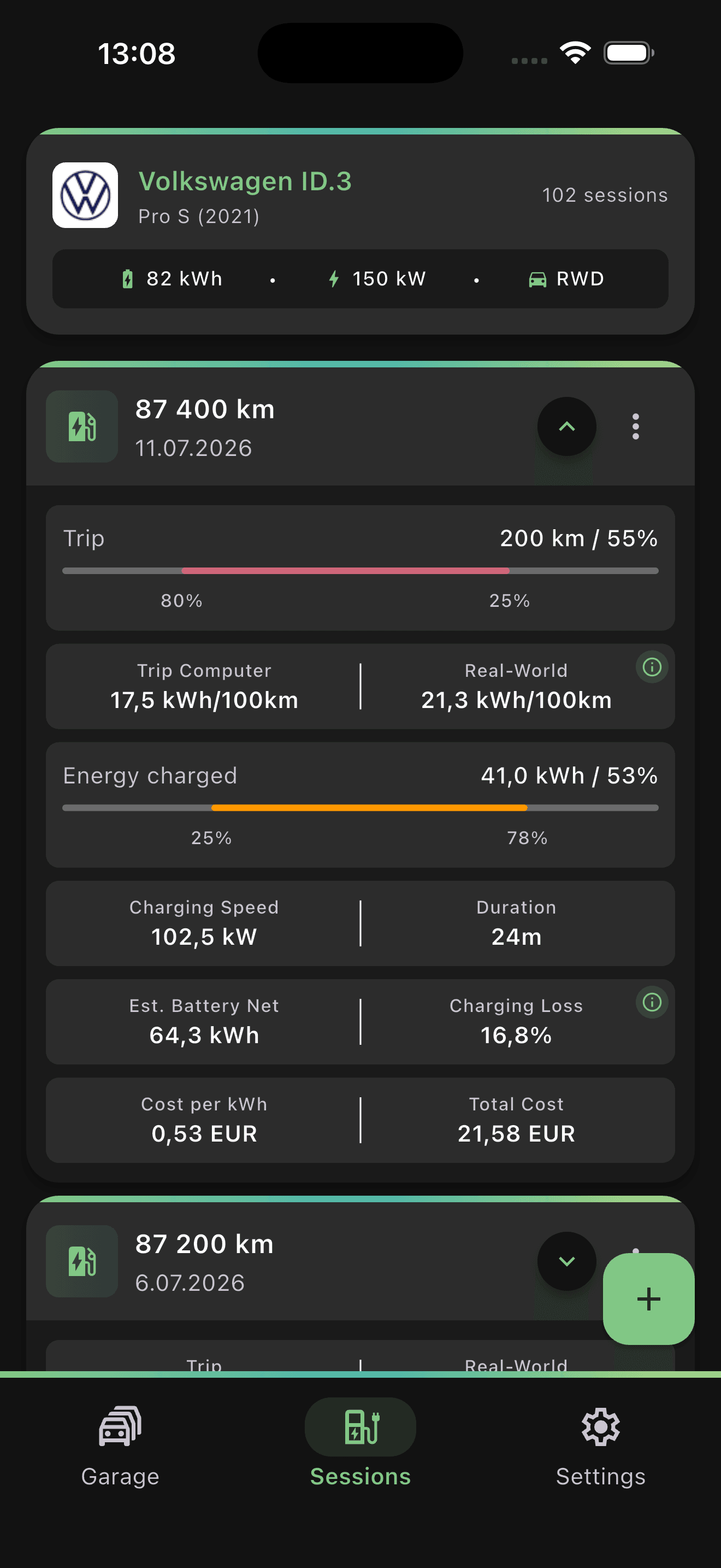 Example session: trip-computer consumption of 17.5 versus real-world consumption of 21.3 kWh per 100 km
