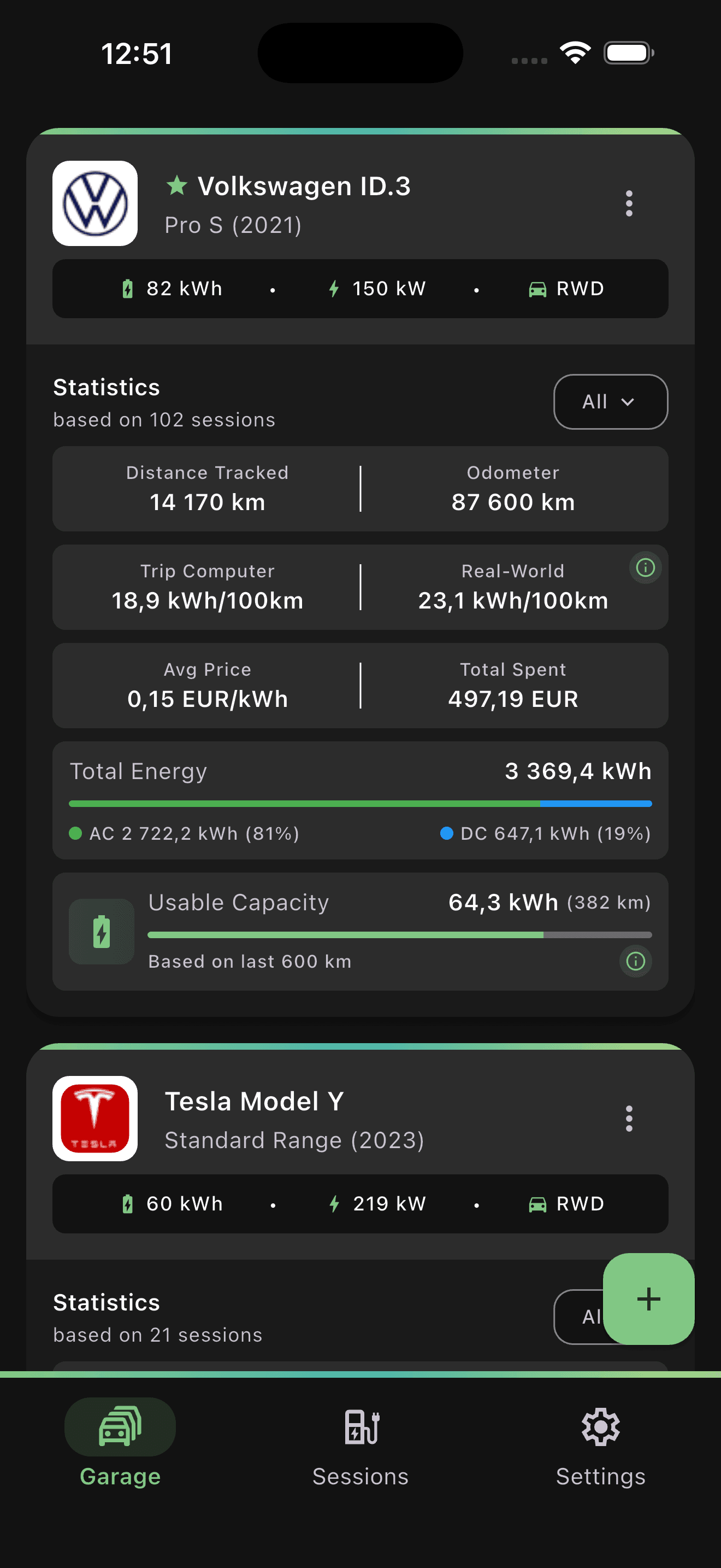 WattMate charging statistics showing costs, consumption, energy, and estimated usable battery capacity