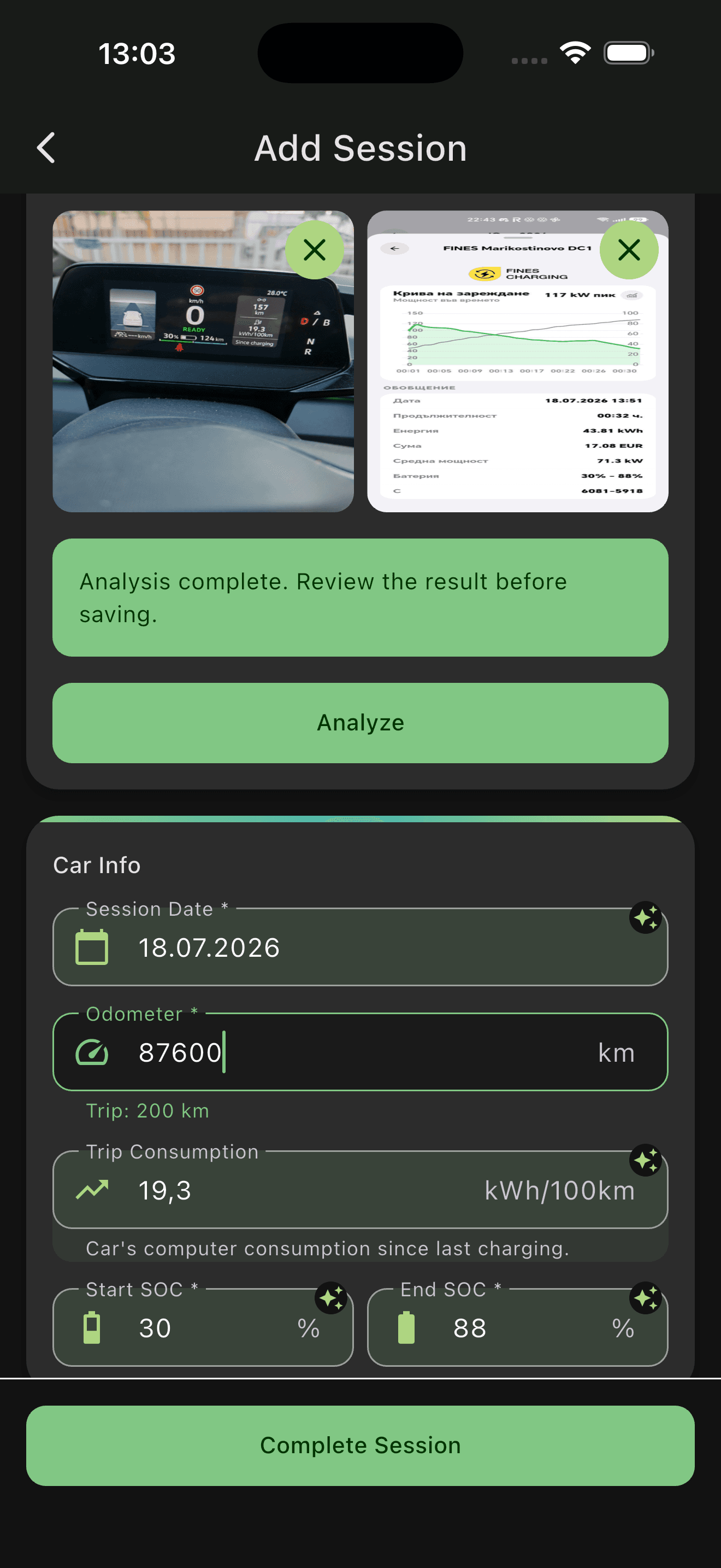 WattMate Fill from Photos with selected dashboard and charger images and editable session details